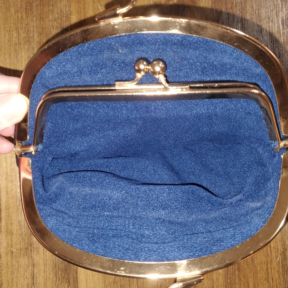New Women's Eel Skin Double Kisslock Ball Clasp Coin Purse Wallet - Navy Blue